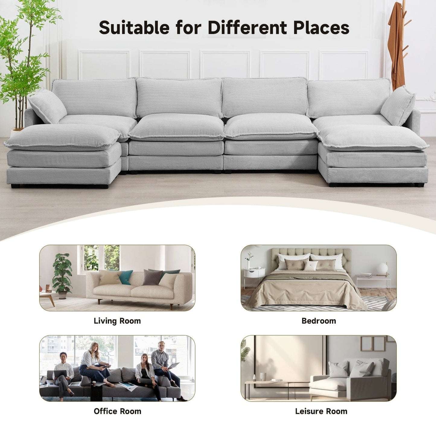 Canapé sectionnel en velours côtelé avec poufs amovibles et coussins ultra-doux pour salon et chambre