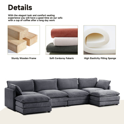 Canapé sectionnel en velours côtelé avec poufs amovibles et coussins ultra-doux pour salon et chambre