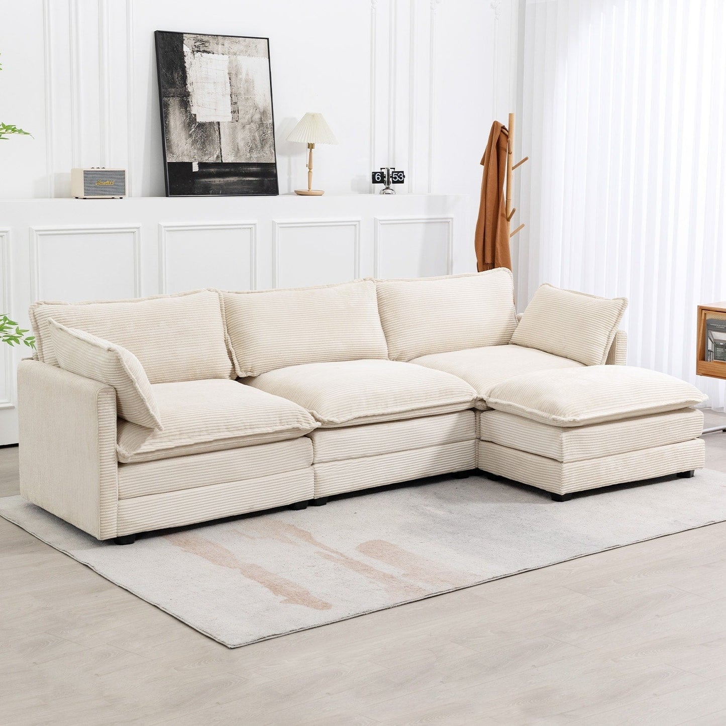 Canapé sectionnel en velours côtelé avec poufs amovibles et coussins ultra-doux pour salon et chambre