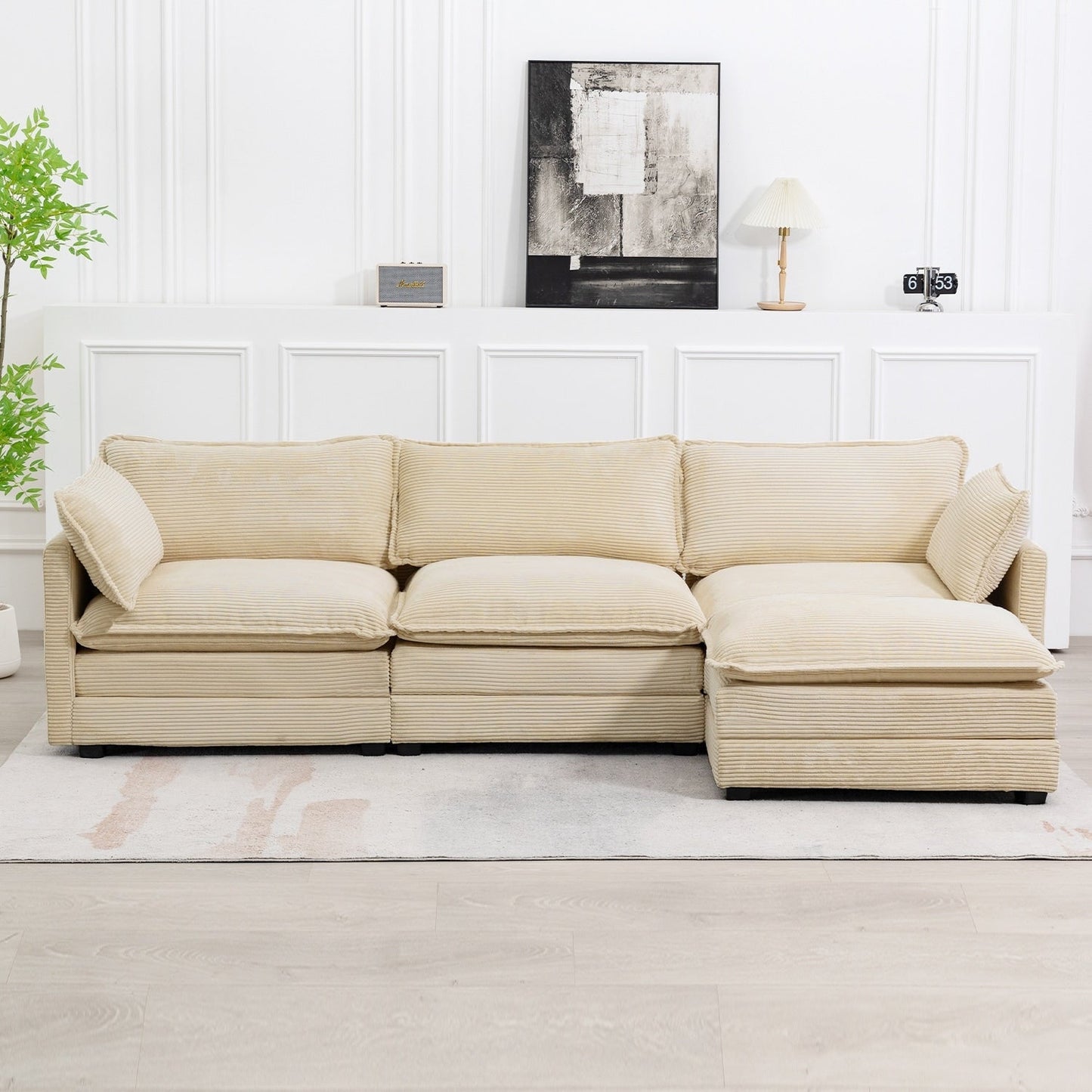 Canapé sectionnel en velours côtelé avec poufs amovibles et coussins ultra-doux pour salon et chambre