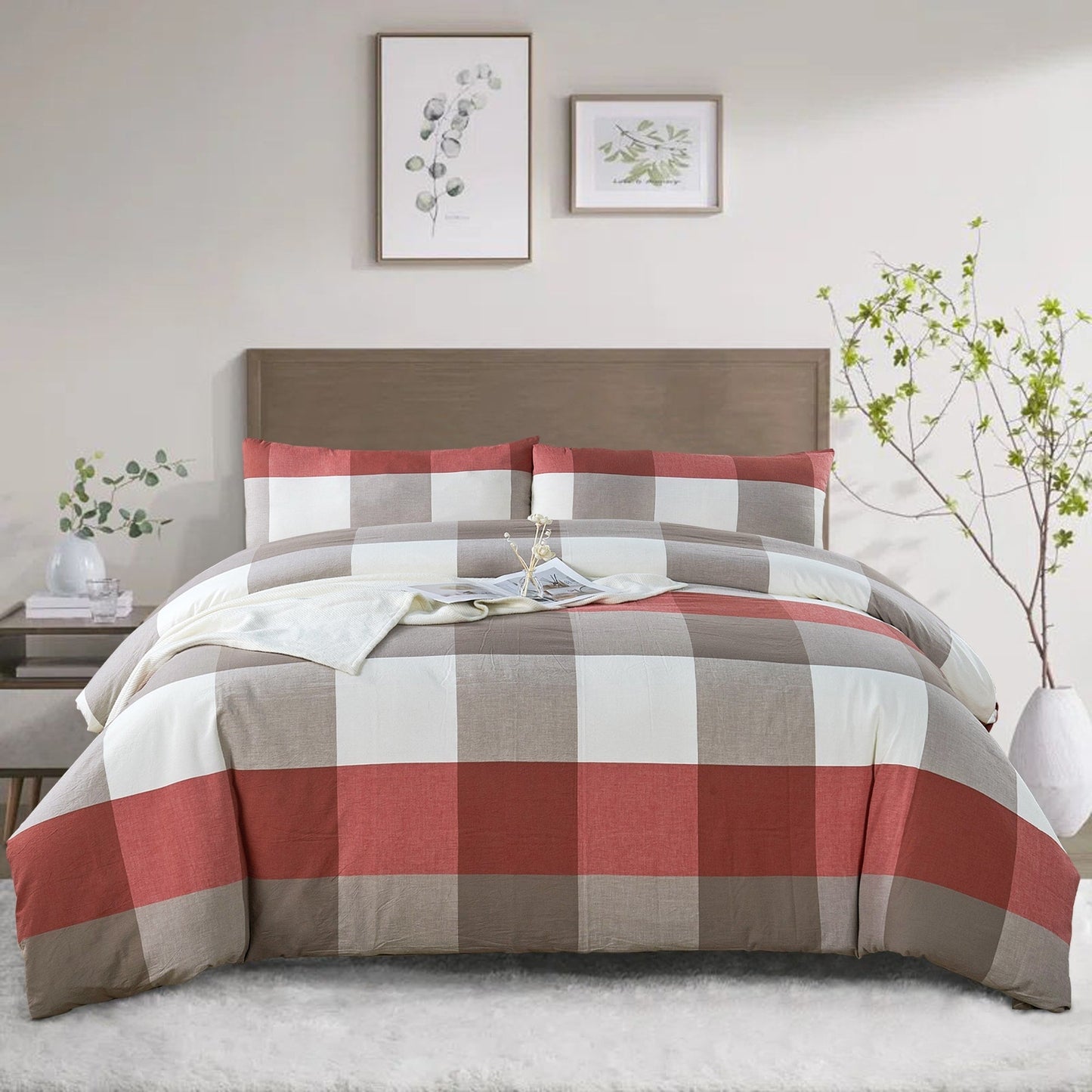Cotton Plaid Windowpane Check 3-piece Duvet Cover Set