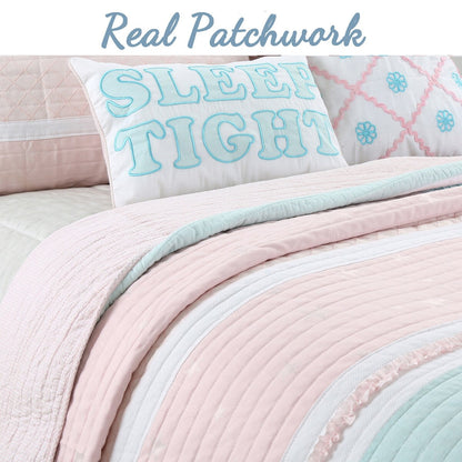 Cozy Line Home Fashions Pastel Stripped Star Ruffle Embroidered Floral Light Pink Peach Blue White Cotton Quilt Bedding Set