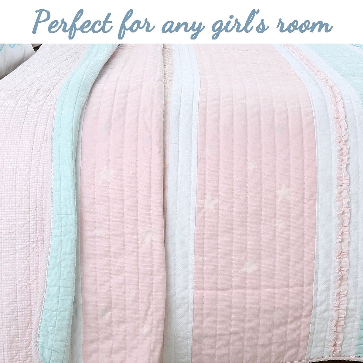 Cozy Line Home Fashions Pastel Stripped Star Ruffle Embroidered Floral Light Pink Peach Blue White Cotton Quilt Bedding Set
