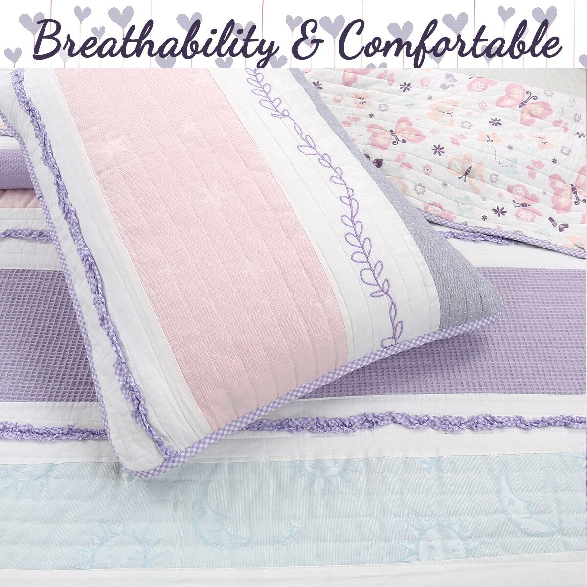 Cozy Line Home Fashions Stripped Floral Vine Star Butterfly Ruffle Embroidered Pink Purple Cotton Quilt Bedding Set