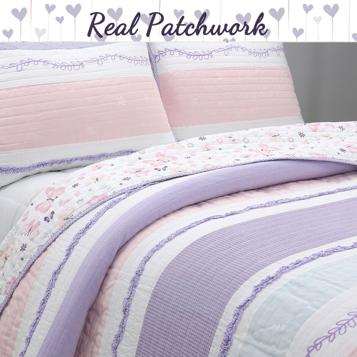 Cozy Line Home Fashions Stripped Floral Vine Star Butterfly Ruffle Embroidered Pink Purple Cotton Quilt Bedding Set