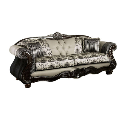 Canapé Cresi, noir, chenille grise, similicuir, 2 coussins, 238 cm