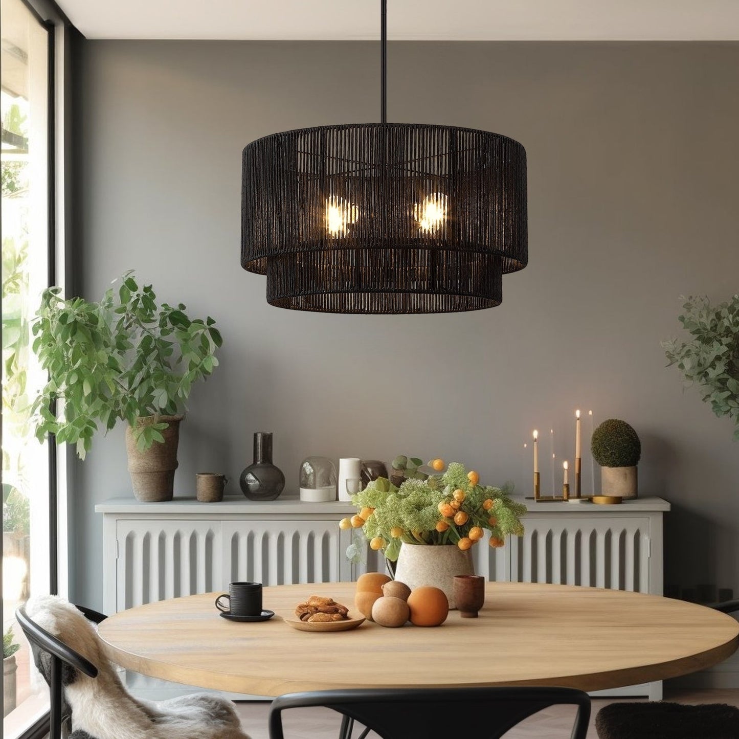 Cynthia 4-Light Black Rattan Drum Chandelier Light - 22''W