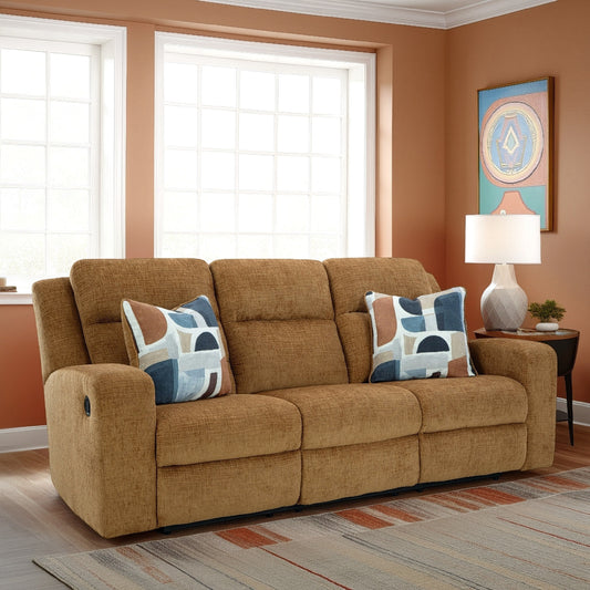 Canapé inclinable manuel Damon, polyester marron camel, 2 coussins, 218 cm