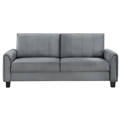 Canapé Dave, tissu gris, accoudoirs arrondis, pieds fuselés noirs, 203 cm