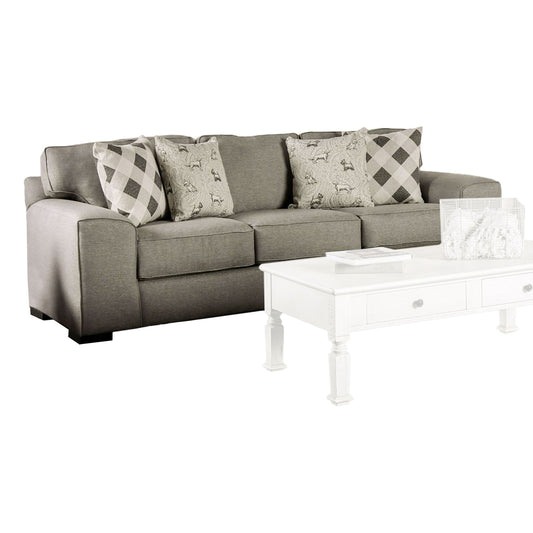 Canapé Edison, tissu gris, 4 coussins décoratifs, accoudoirs droits, 255 cm