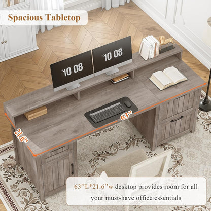 Farmhouse Executive Desk Home Office Desk File Drawer Monitor Stand Power Outlet