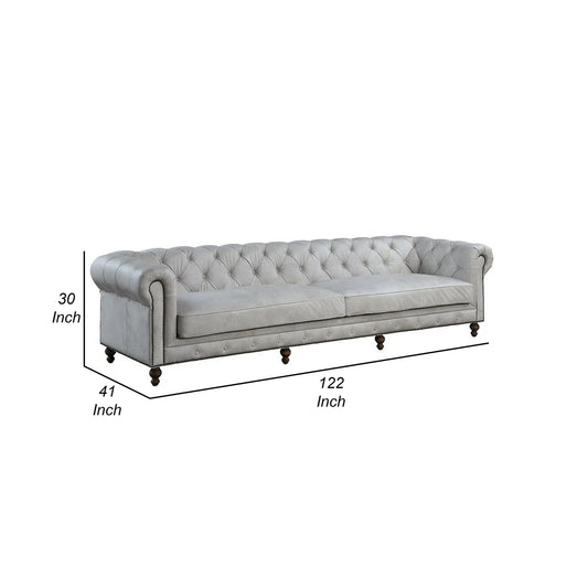 Canapé Chesterfield Ferry 122 pouces, cuir pleine fleur capitonné blanc cassé