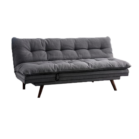Canapé futon, tissu gris, capitonnage à boutons, structure en bois massif