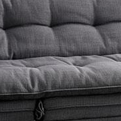 Canapé futon, tissu gris, capitonnage à boutons, structure en bois massif