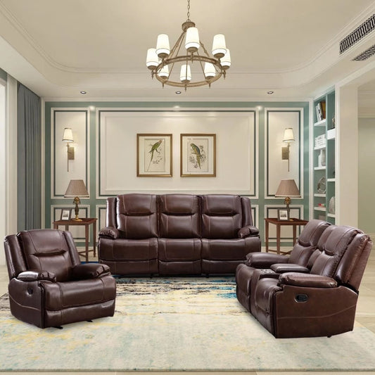 Ensemble de canapés inclinables manuels en cuir véritable de style moderne du milieu du siècle