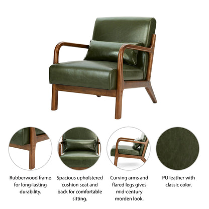 Glitzhome 30.75H Mid-Century Modern PU Leather Armchair Accent Chair with Pillow - 25.75W x 33.75D x 30.75H