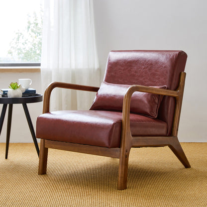 Glitzhome 30.75H Mid-Century Modern PU Leather Armchair Accent Chair with Pillow - 25.75W x 33.75D x 30.75H