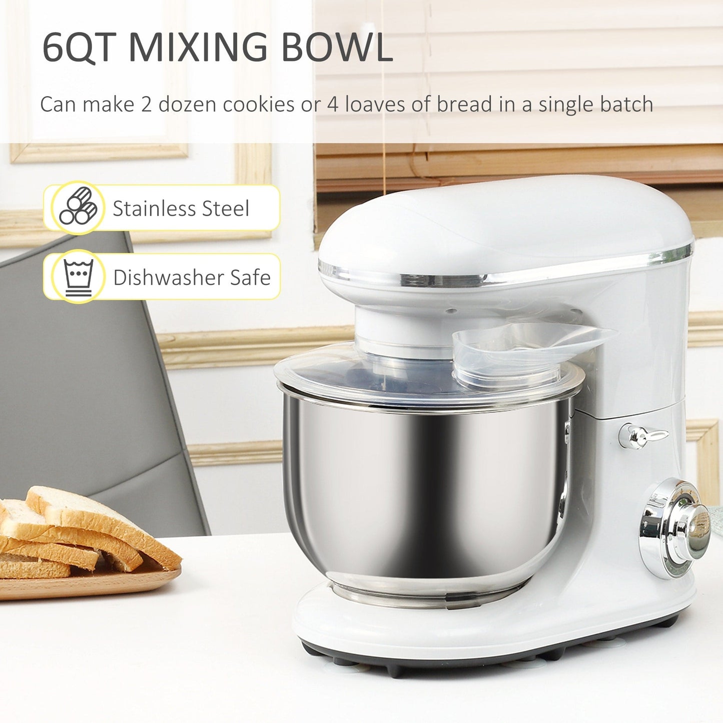 HOMCOM Stand Mixer with Splash Guard, Electric Hand Mixer Set with 6 qt. Large Mixing Bowl - 14.5 x 9 x 14.5