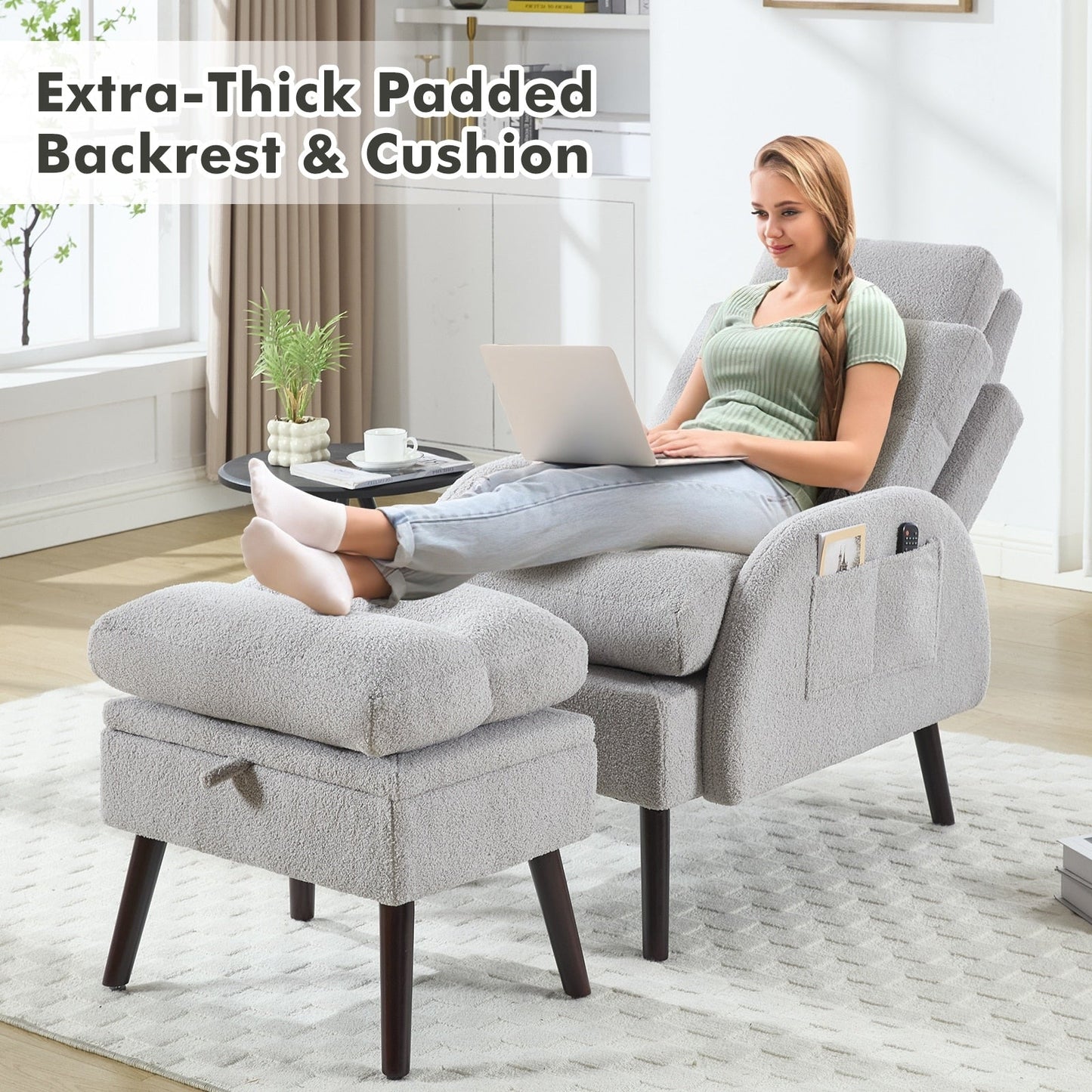 HOMYKA Accent Lounge Chair with Adjustable Backrest Storage Ottoman