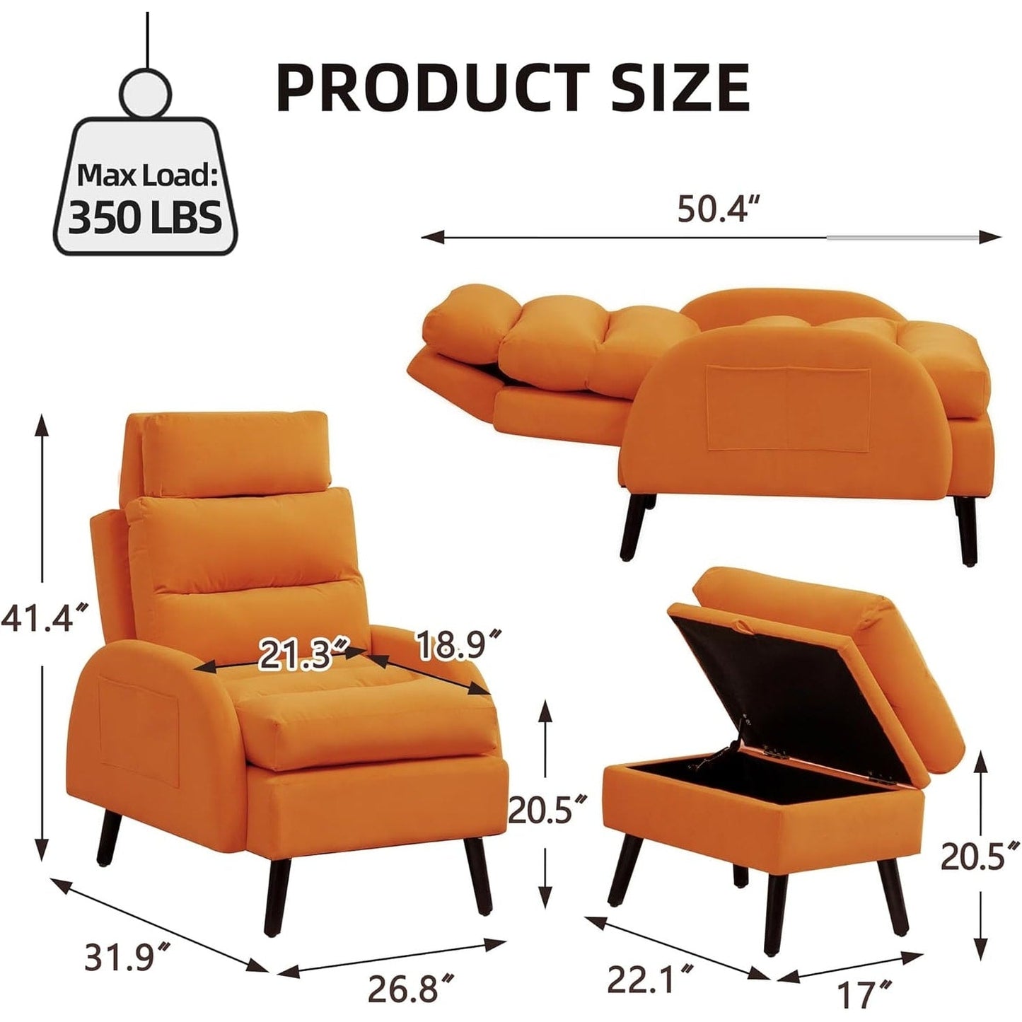 HOMYKA Accent Lounge Chair with Adjustable Backrest Storage Ottoman