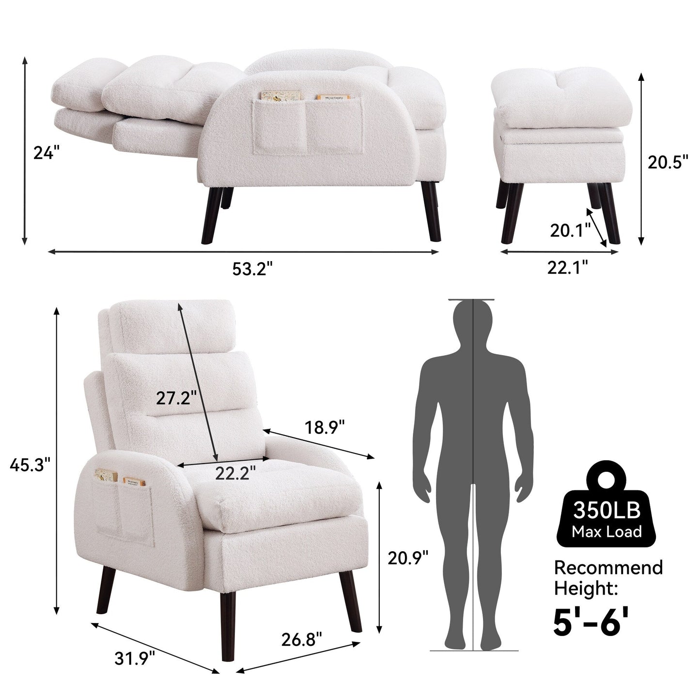 HOMYKA Accent Lounge Chair with Adjustable Backrest Storage Ottoman