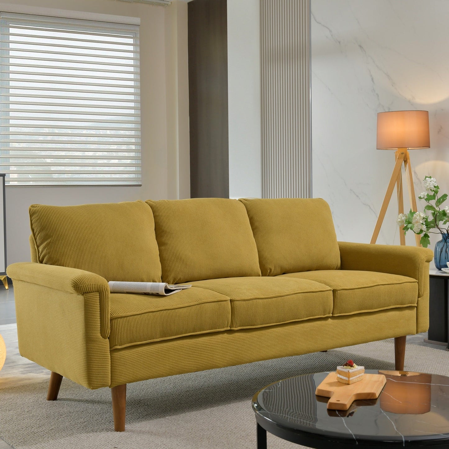 Canapé 3 places moderne en tissu polyester avec accoudoirs larges