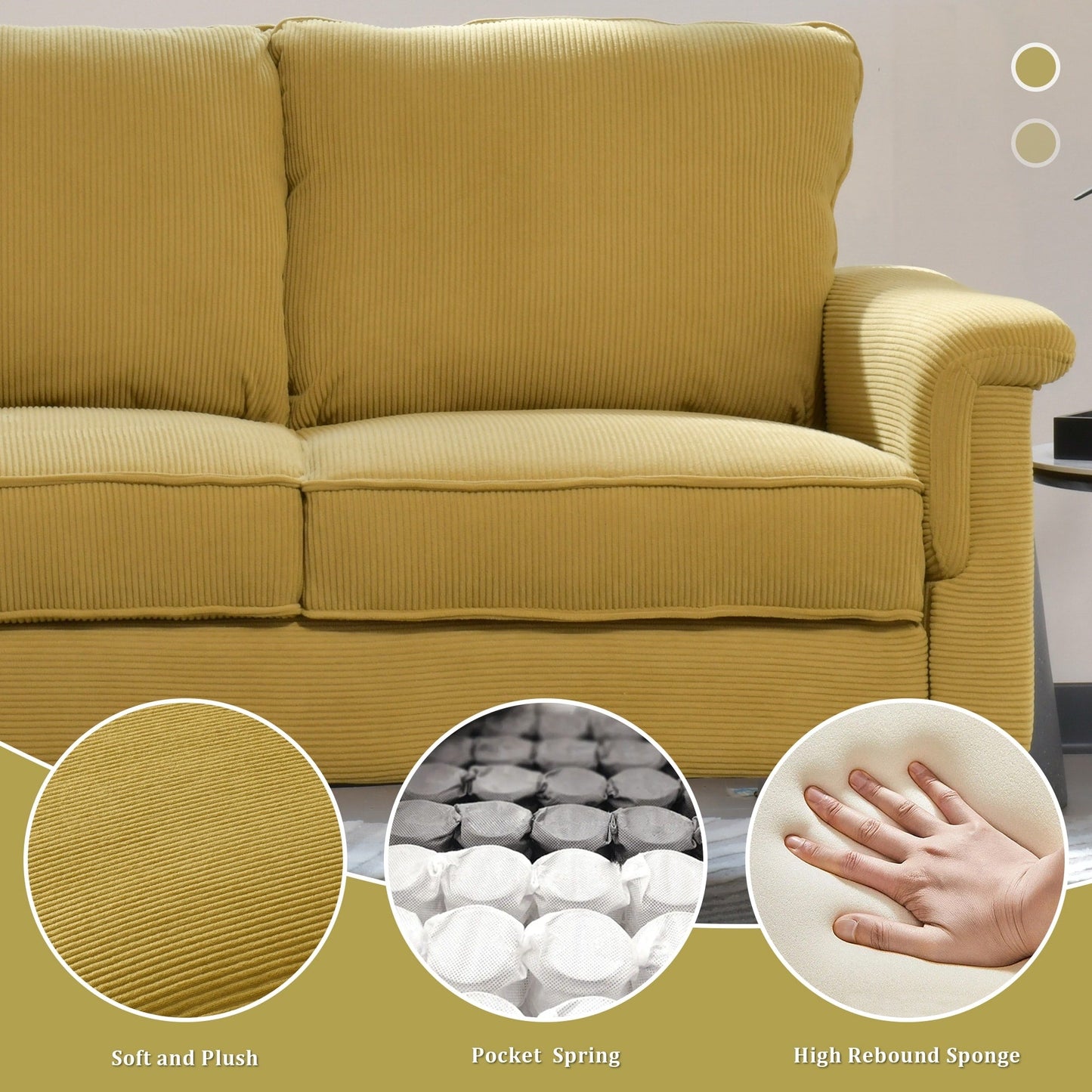 Canapé 3 places moderne en tissu polyester avec accoudoirs larges