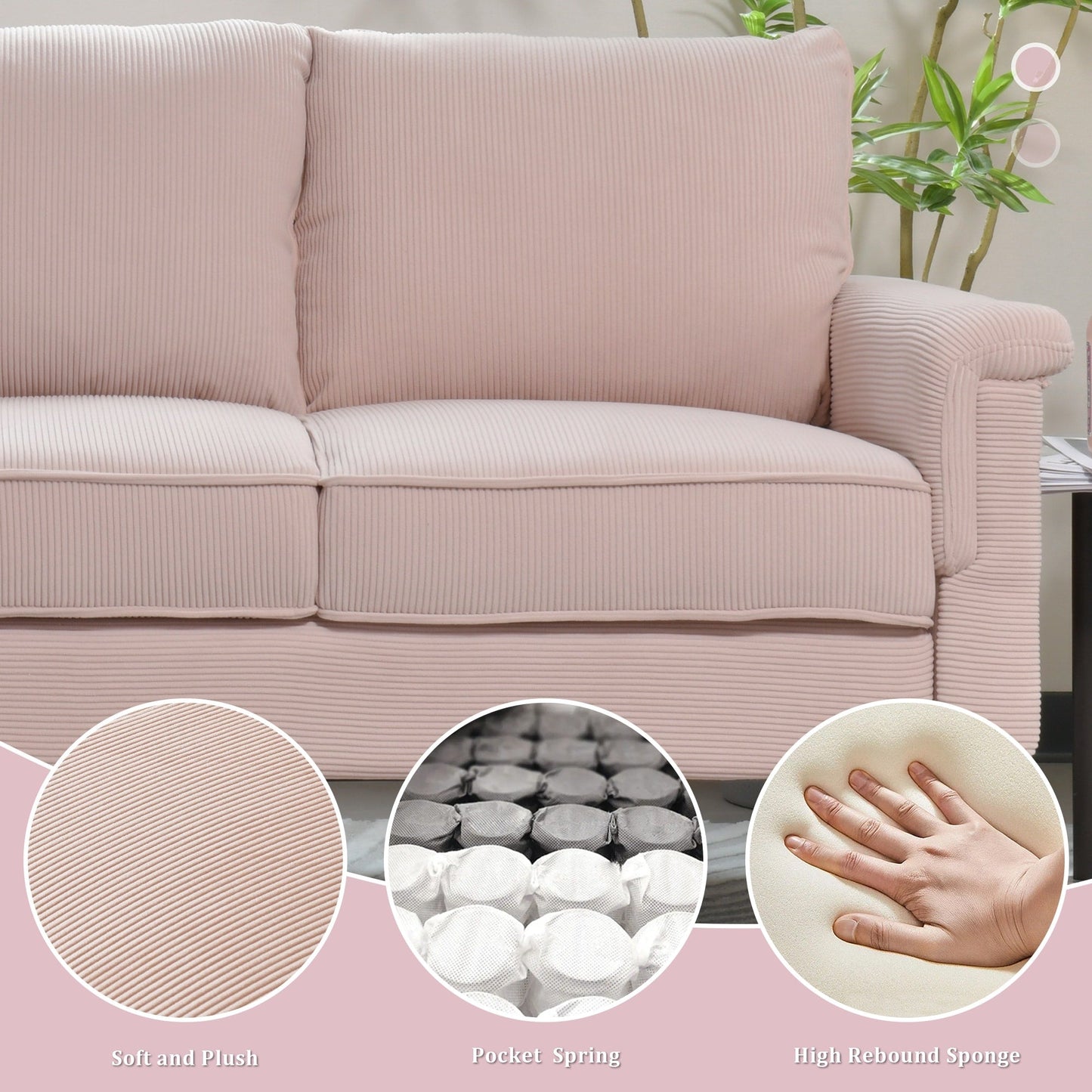 Canapé 3 places moderne en tissu polyester avec accoudoirs larges