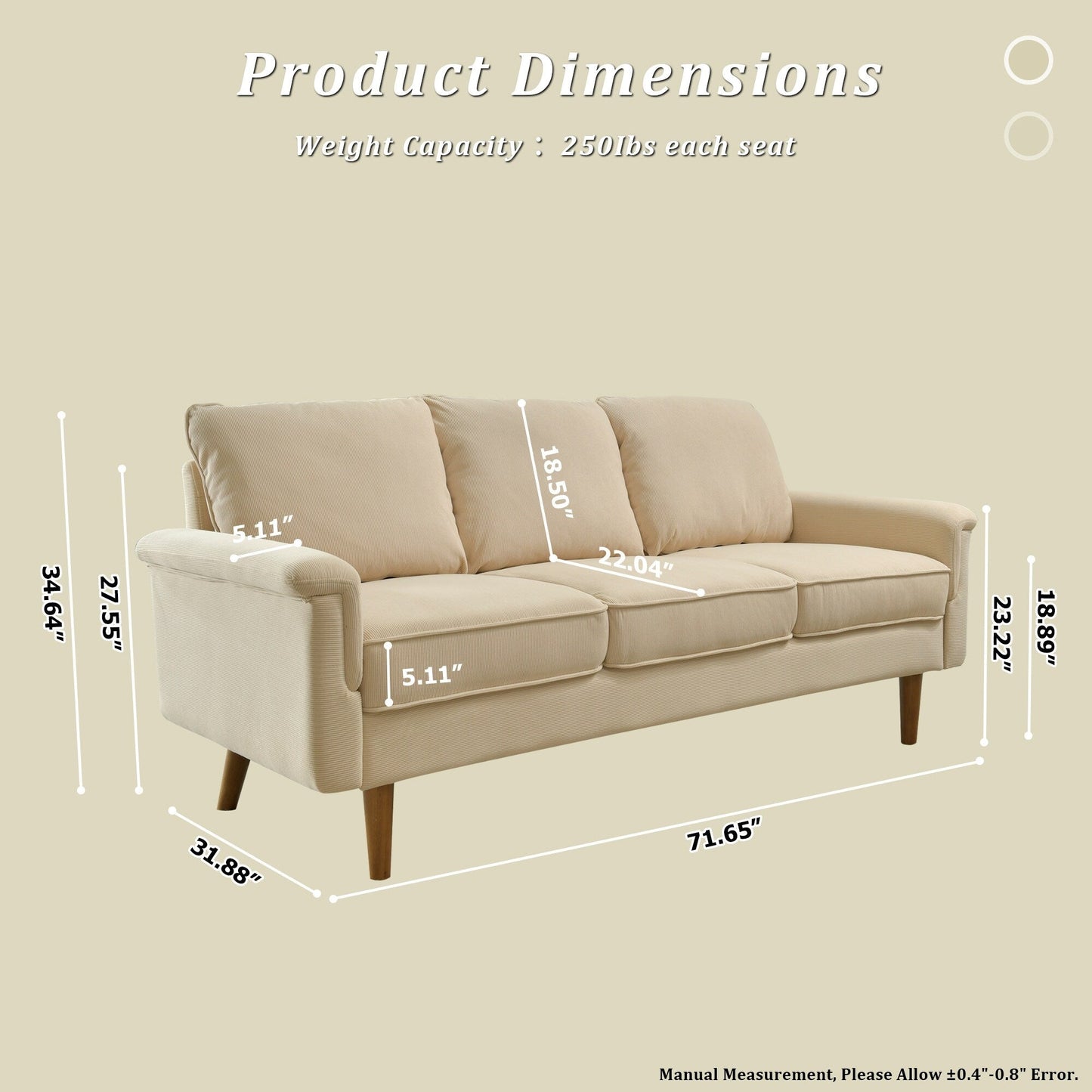 Canapé 3 places moderne en tissu polyester avec accoudoirs larges