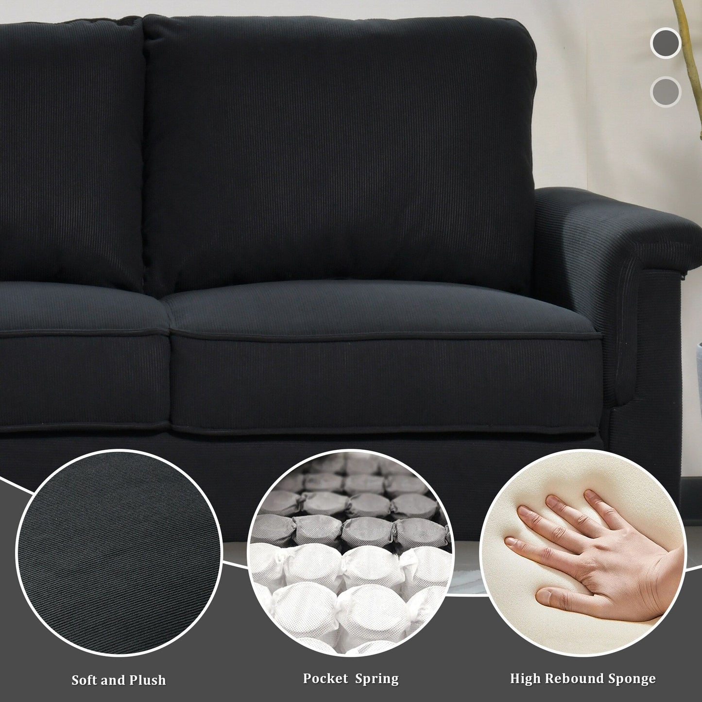 Canapé 3 places moderne en tissu polyester avec accoudoirs larges