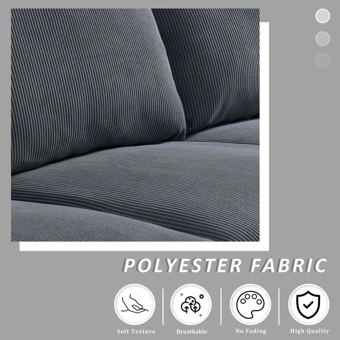 Canapé 3 places moderne en tissu polyester avec accoudoirs larges