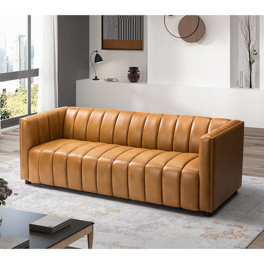 Canapé incurvé moderne Olinto en cuir véritable de 83 pouces avec dossier à canaux par HULALA HOME