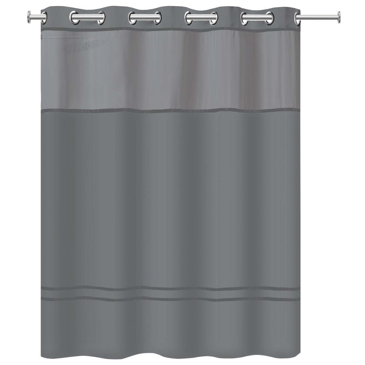 Rideau de douche 3 en 1 Hookless Escape avec fenêtre supérieure transparente, anneaux flexibles et doublure en tissu