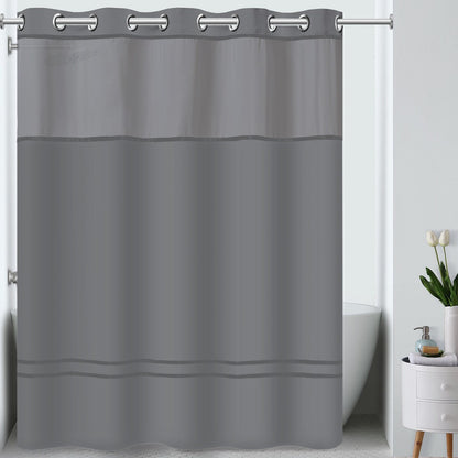 Rideau de douche 3 en 1 Hookless Escape avec fenêtre supérieure transparente, anneaux flexibles et doublure en tissu