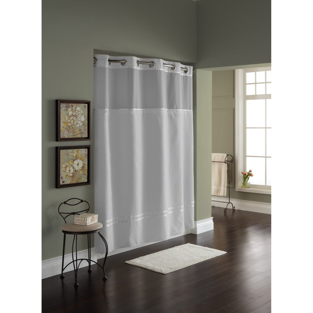 Rideau de douche 3 en 1 Hookless Escape avec fenêtre supérieure transparente, anneaux flexibles et doublure en tissu