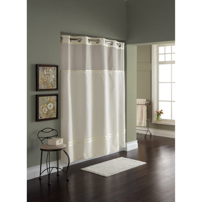 Rideau de douche 3 en 1 Hookless Escape avec fenêtre supérieure transparente, anneaux flexibles et doublure en tissu