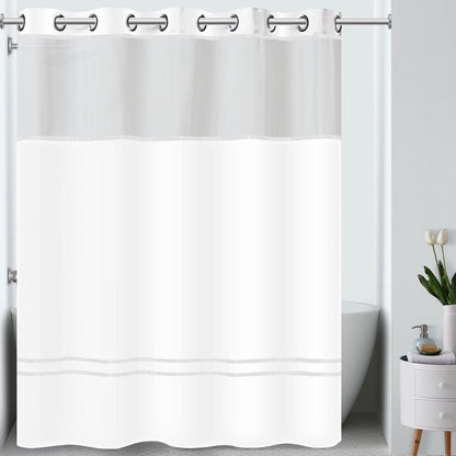 Rideau de douche 3 en 1 Hookless Escape avec fenêtre supérieure transparente, anneaux flexibles et doublure en tissu