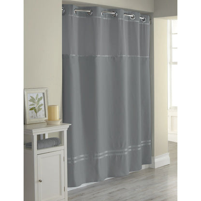 Rideau de douche 3 en 1 Hookless Escape avec fenêtre supérieure transparente, anneaux flexibles et doublure en tissu