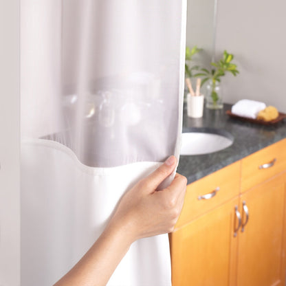 Rideau de douche 3 en 1 Hookless Escape avec fenêtre supérieure transparente, anneaux flexibles et doublure en tissu