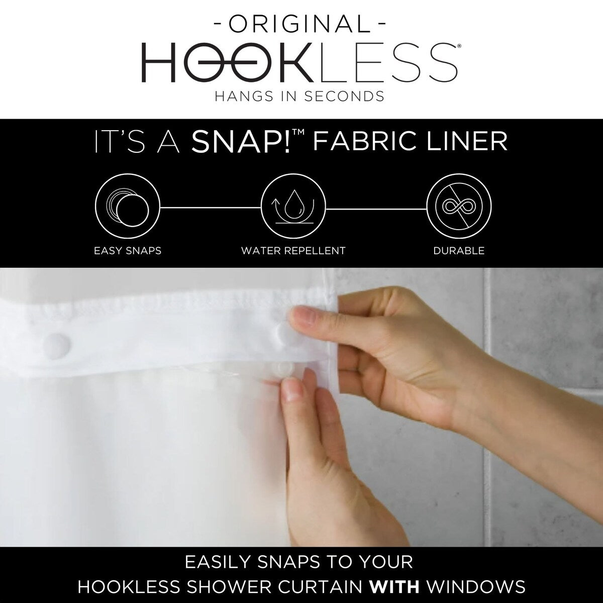 Hookless It's A Snap Snap-in Fabric Water Resistant Shower Curtain Replacement Liner for Hookless Curtain