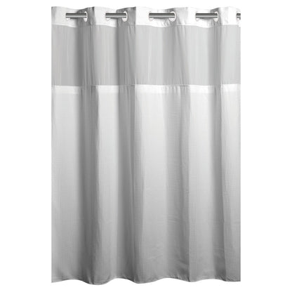 Rideau de douche 3 en 1 en microfibre sans crochets avec fenêtre supérieure transparente, anneaux flexibles et doublure PEVA