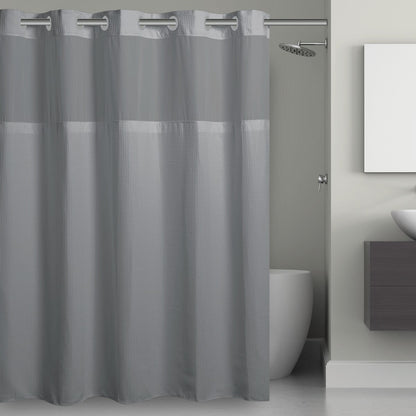 Rideau de douche 3 en 1 en microfibre sans crochets avec fenêtre supérieure transparente, anneaux flexibles et doublure PEVA