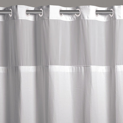 Rideau de douche 3 en 1 en microfibre sans crochets avec fenêtre supérieure transparente, anneaux flexibles et doublure PEVA