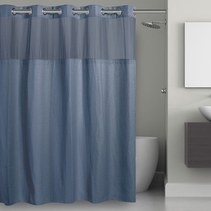Rideau de douche gaufré 3 en 1 sans crochets avec fenêtre supérieure transparente, anneaux flexibles et doublure en tissu
