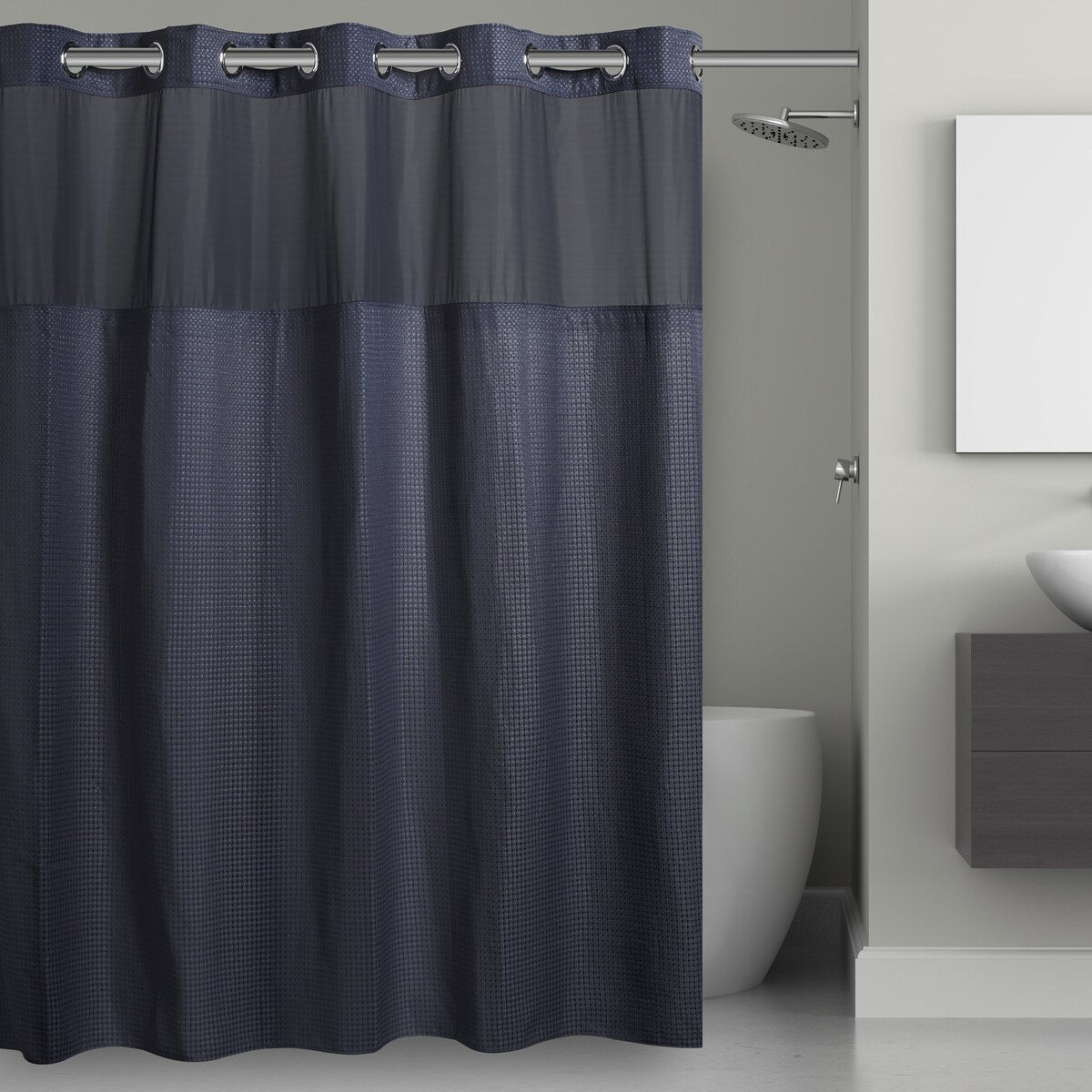 Rideau de douche gaufré 3 en 1 sans crochets avec fenêtre supérieure transparente, anneaux flexibles et doublure en tissu