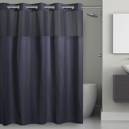 Rideau de douche gaufré 3 en 1 sans crochets avec fenêtre supérieure transparente, anneaux flexibles et doublure en tissu