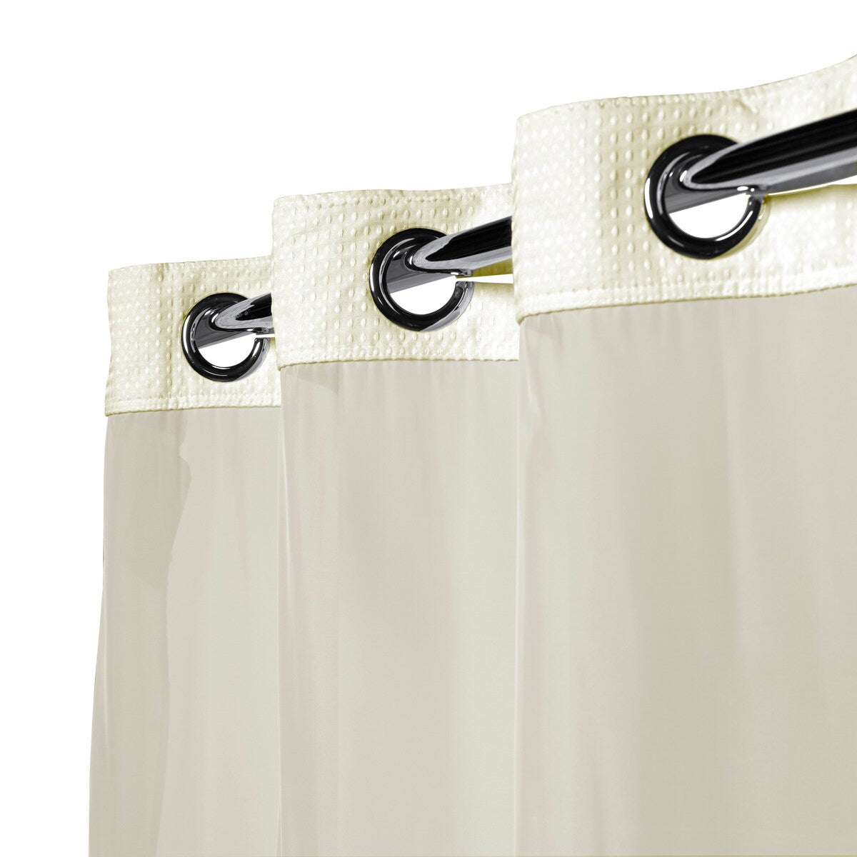 Rideau de douche gaufré 3 en 1 sans crochets avec fenêtre supérieure transparente, anneaux flexibles et doublure en tissu