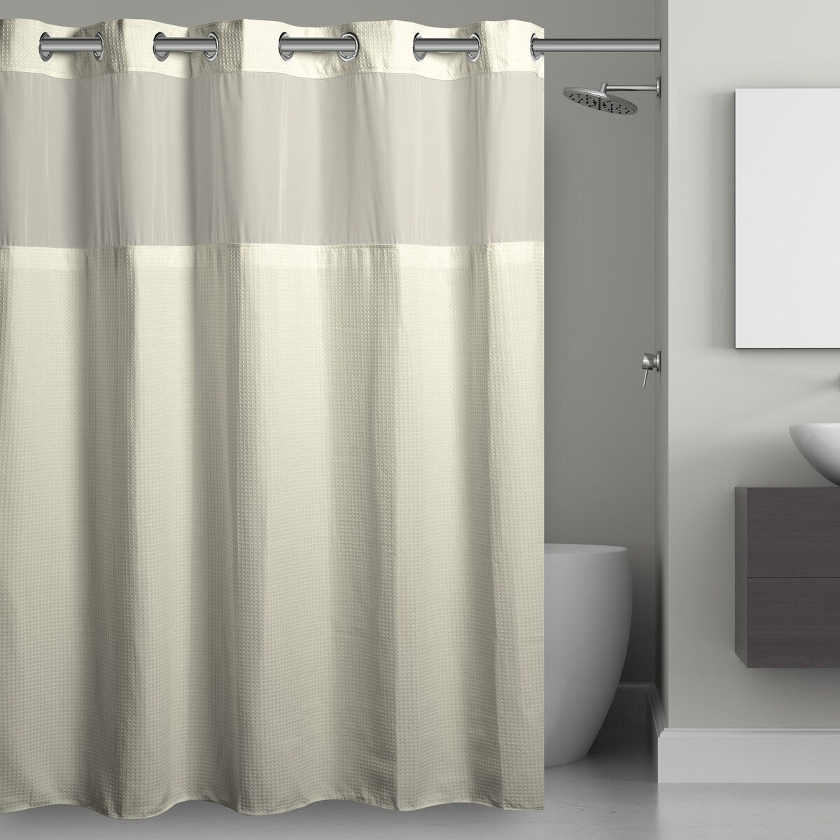 Rideau de douche gaufré 3 en 1 sans crochets avec fenêtre supérieure transparente, anneaux flexibles et doublure en tissu
