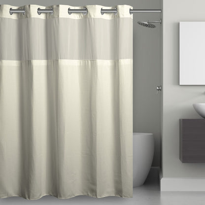 Rideau de douche gaufré 3 en 1 sans crochets avec fenêtre supérieure transparente, anneaux flexibles et doublure en tissu