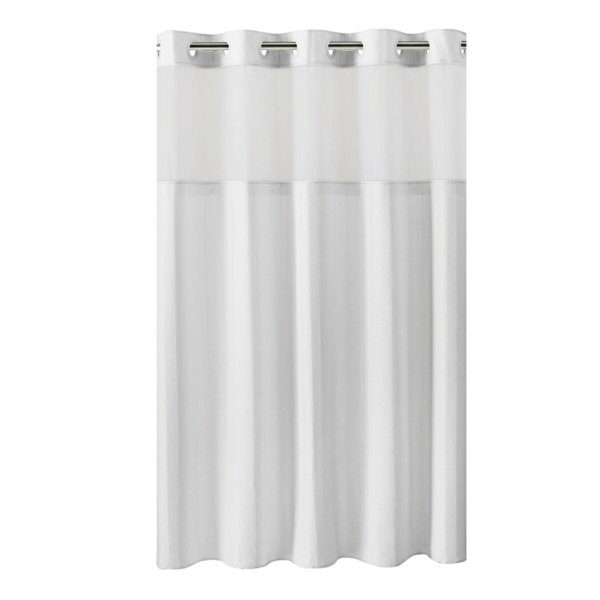 Rideau de douche gaufré 3 en 1 sans crochets avec fenêtre supérieure transparente, anneaux flexibles et doublure en tissu